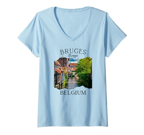 Damen Belgien Heritage Iconic Brügge Kanal Mittelalterliche Architektur T-Shirt mit V-Ausschnitt von Flemish culture Brussels Belgium Souvenir Travel