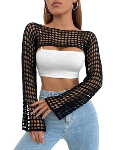 Fleoewo Y2K Cropped-Bolero für Damen, gehäkelt, mit Aushöhlung, bauchfreies Oberteil, Schwarz, Klein Fleoewo Y2K Cropped-Bolero für Damen, gehäkelt, mit Aushöhlung, bauchfreies Oberteil, Schwarz, Klein von Fleoewo