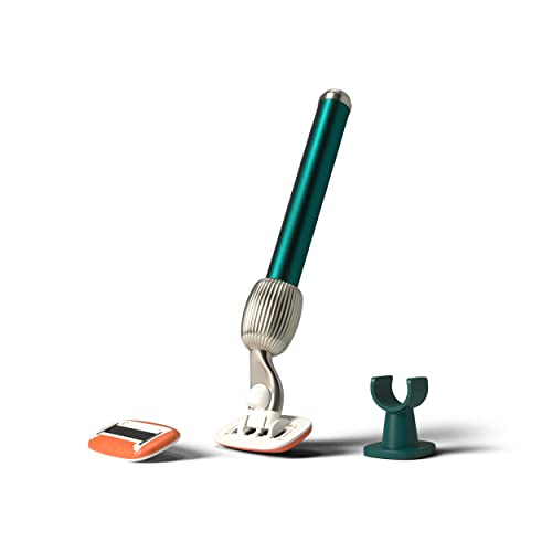 Fler The Razor Starter Set – Damenrasierer mit Austauschbaren Rasierköpfen, Rasierer mit Halterung und 2 Ersatzklingen, Unisex-Rasierer, Rasierklingen mit Aloe Vera, Vitamin E, Pine Green von Fler