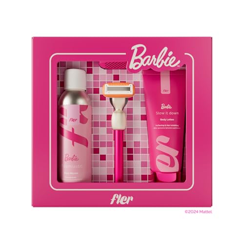 That Pink Set Barbie™ x Fler – Damenrasierer mit Halterung und 2 Ersatzklingen, Uni-Rasierer, Set mit Mousse zur Haarentfernung und beruhigender Körpercreme, Klinge mit Aloe Vera von Fler
