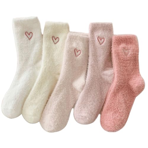 Damen-Socken mit niedlicher Schleife und Herz, flauschig, warm, 5 Stück, herz, Einheitsgröße von Flerivva