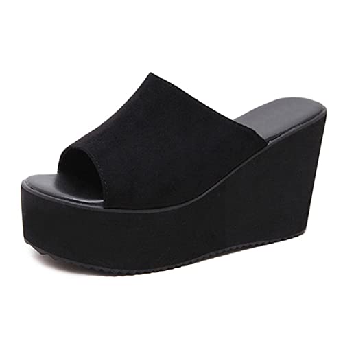 Flerivva Damen Plateau-Sandalen mit Keilabsatz, Slip-On-Komfort, leichte Sandalen, Schwarzes Veloursleder, 37.5 EU Weit von Flerivva