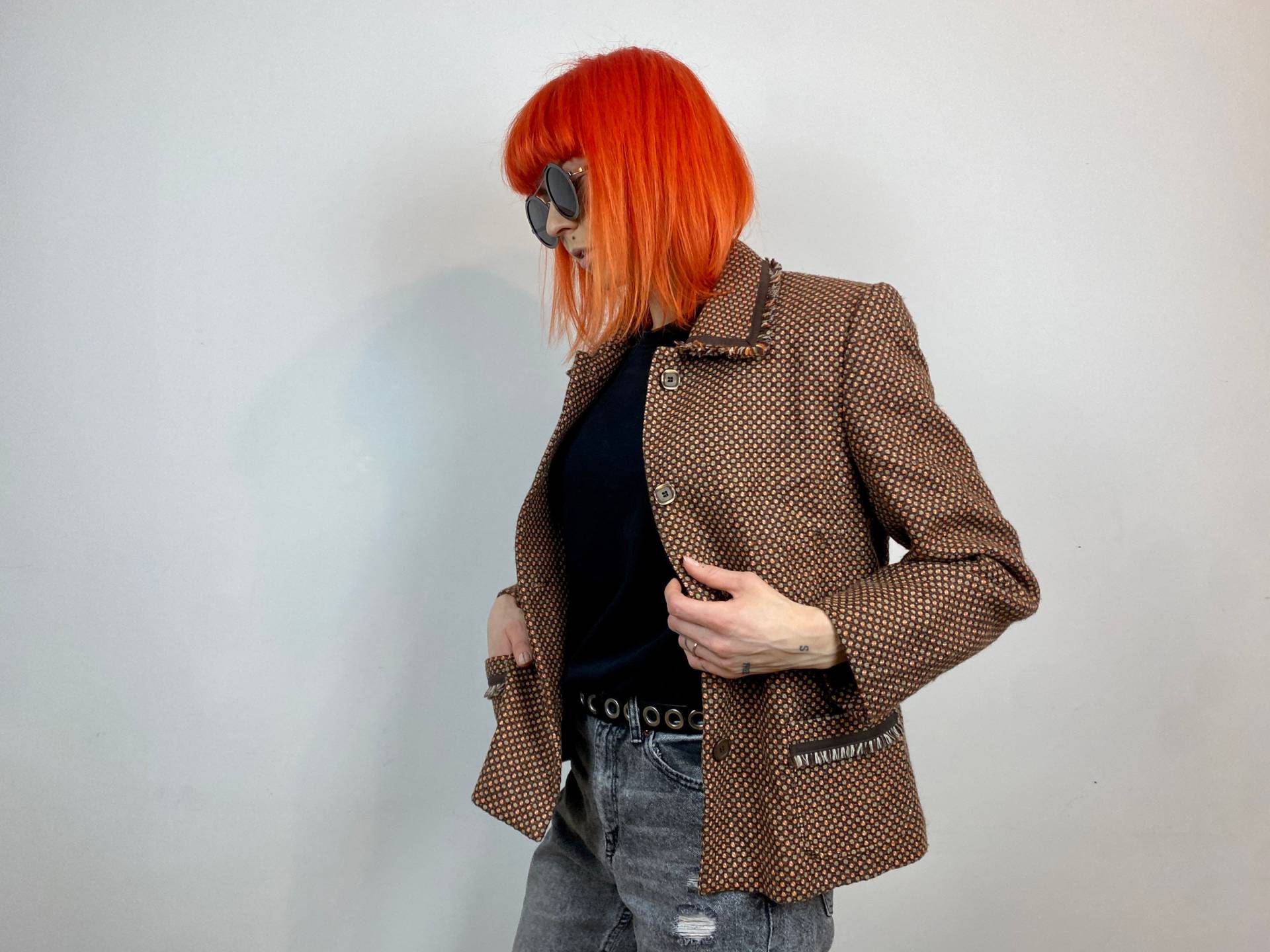 Boxy Vintage Jacke Aus Den 80Er Jahren, Geschneidert/Handgefertigt, Wolle, Tweed Kreis Muster, Cropped, Größe M von FleshFresh