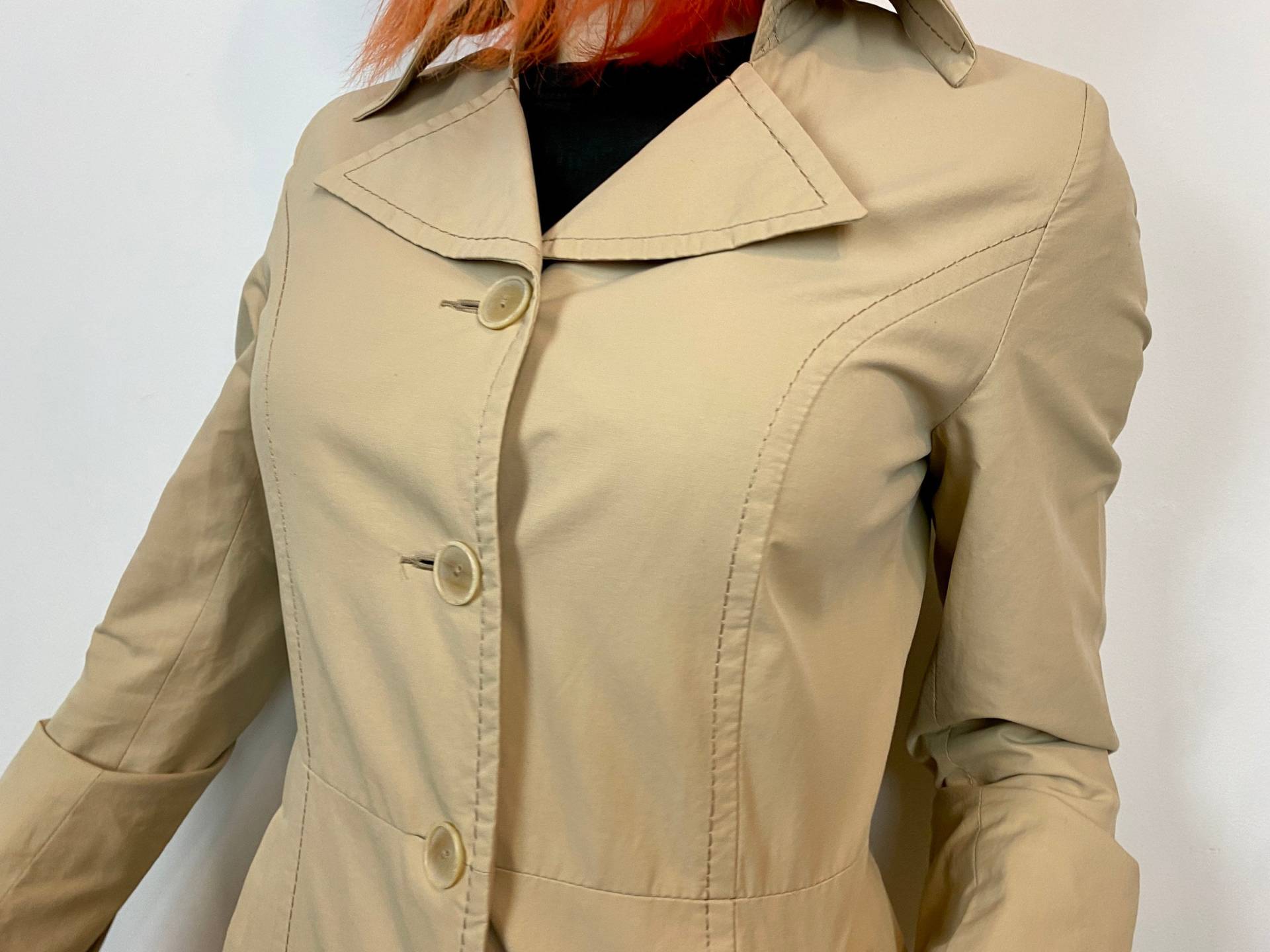 Vintage Trench Jacket Von Mascara, Beige Leichter Parka Mantel, Fester Sand, Damen Verlängerte Jacke, Tailliert, Gr. 34R von FleshFresh