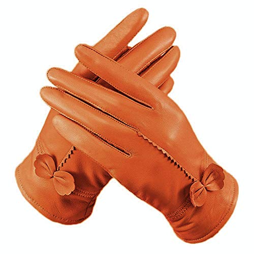 Fletion Damen Luxus Eeichem Lammfell Lederhandschuhe Mit Fleece-Futter, Einheitsgröße, Orange von Fletion