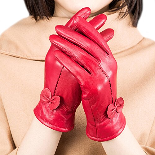 Fletion Damen Luxus Eeichem Lammfell Lederhandschuhe Mit Fleece-Futter, Einheitsgröße, Rot von Fletion