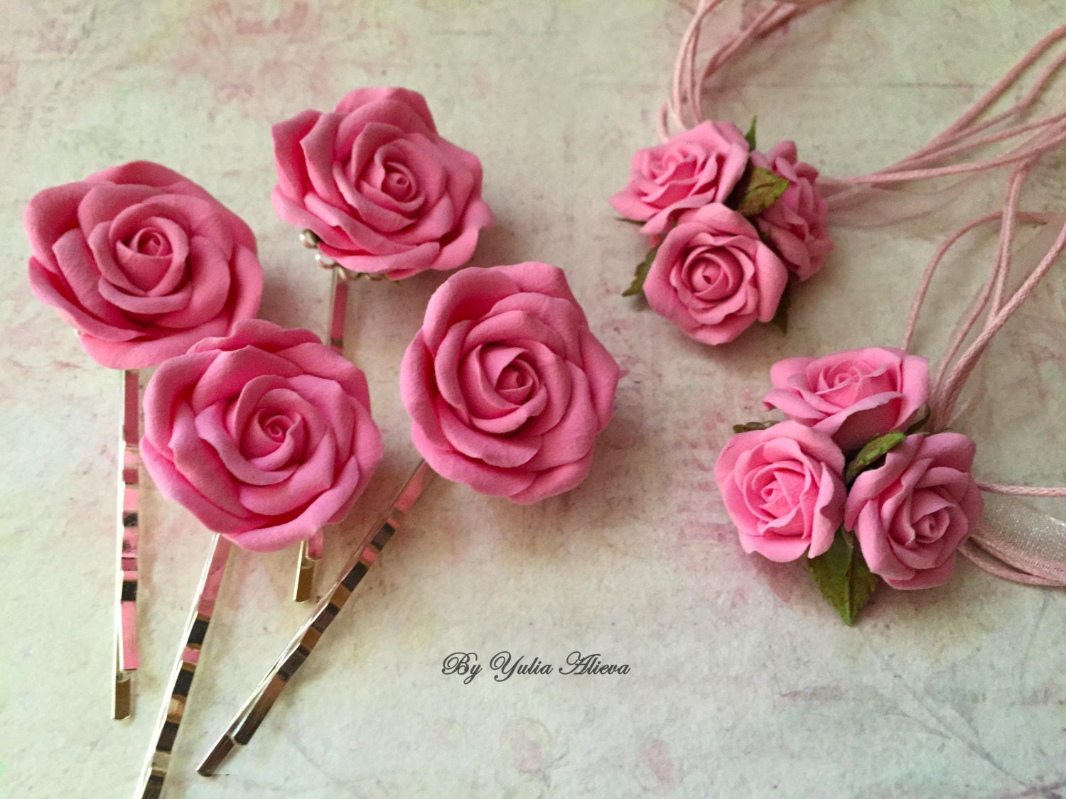 Handmade Polymer Clay Rosa Rose Haarspange Und Halskette Im Set von FleurClayDesign