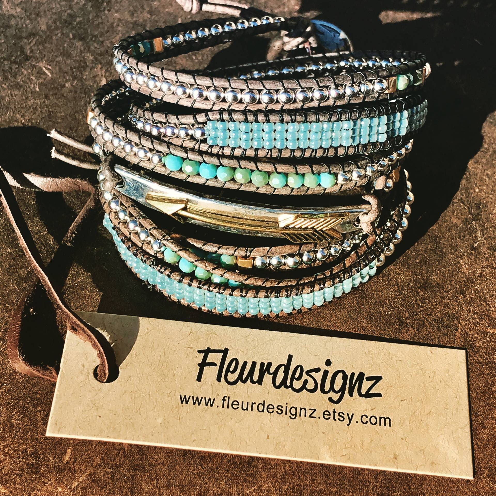 Boho Leder Wickelarmband, Westernmode, "Blue Sky" Boho Leder Wickelarmband, Westernmode, "Blue Sky" von Fleurdesignz