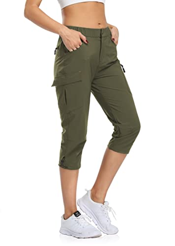 Flewolch Caprihose für Damen, Cargo-Shorts, wasserdicht, wasserabweisend, mit Taschen, Armeegrün von Flewolch