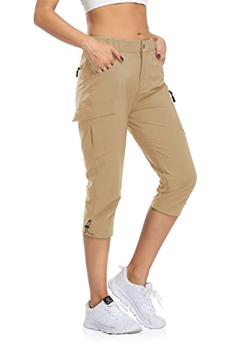 Flewolch Caprihose zum Wandern, Cargohose mit Taschen, leicht, schnell trocknend, Sommer, Reisen für Damen, lässig, Camping, dunkles Khaki, XXL von Flewolch