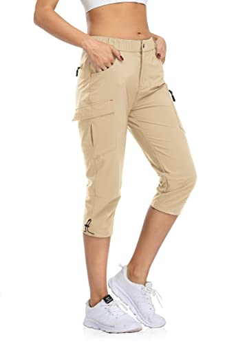 Flewolch Damen Wander-Cargohose Leichte Outdoor Camping Caprihose Wasserabweisend UPF 50 mit Reißverschlusstaschen, khaki, X-Groß von Flewolch