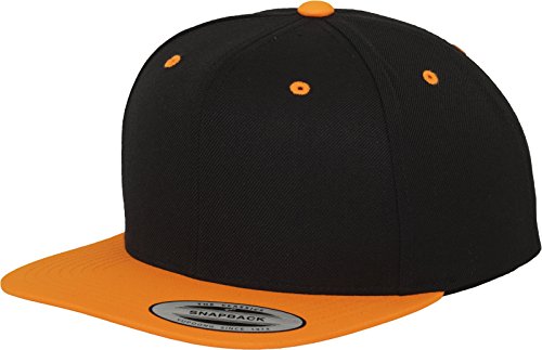 Yupoong Flexfit Unisex Kappe Classic Snapback 2-Tone, zweifarbige blanko Cap mit geradem Schirm, One Size Einheitsgröße für Männer und Frauen, Farbe blk/neonorange von Flexfit