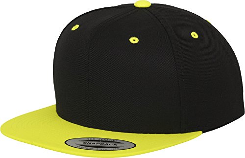 Yupoong Flexfit Unisex Kappe Classic Snapback 2-Tone, zweifarbige blanko Cap mit geradem Schirm, One Size Einheitsgröße für Männer und Frauen, Farbe blk/neonyellow von Flexfit