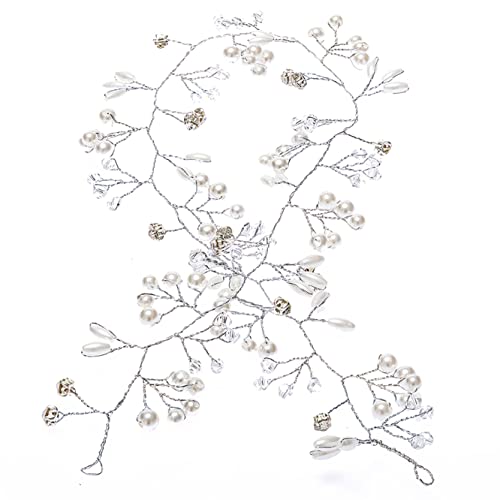 FlexiStore Perlen Haardraht 50 cm, Hochzeitsschmuck, Perlen Strass Brautschmuck, Perlenhaargirlande, Kopfschmuck, Haardraht, Haarband mit Strass und Perlen, Haarschmuck für Braut und Brautjungfern von FlexiStore