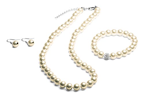 FlexiStore Perlenkette geknotet - Perlenarmband - Perlenohrringe - Set Beige von FlexiStore