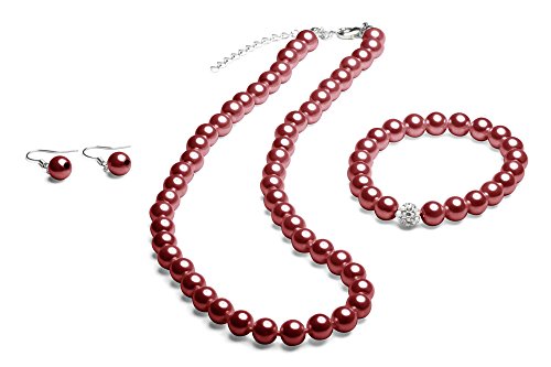FlexiStore Perlenkette geknotet - Perlenarmband - Perlenohrringe - Set Bordeaux Rot von FlexiStore