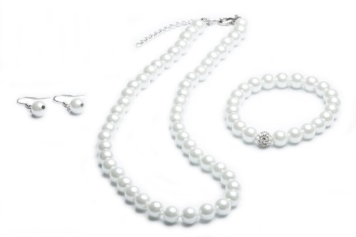 FlexiStore Perlenkette geknotet - Perlenarmband - Perlenohrringe - Set Weiss von FlexiStore