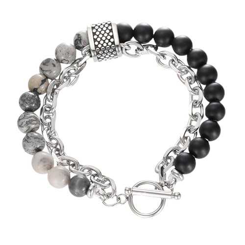 Flgtby Exklusives Herren-Armband: doppelschichtige schwarze und weiße Perlen und Titanstahlkette, verbindet Business- und Trendstile für Straßenmode Flgtby Exklusives Herren-Armband: doppelschichtige schwarze und weiße Perlen und Titanstahlkette, verbindet Business- und Trendstile für Straßenmode von Flgtby