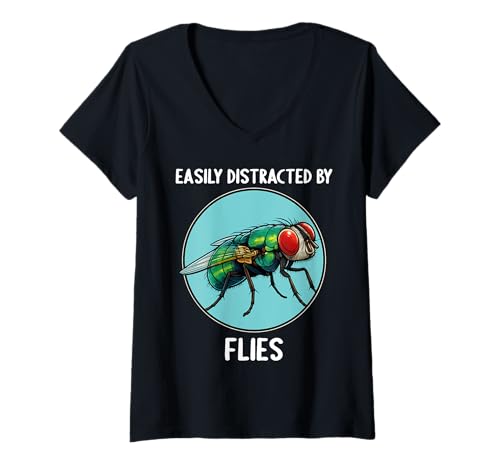 Damen Fliegen Fliege T-Shirt mit V-Ausschnitt von Fliegen Fliege Tier Shop