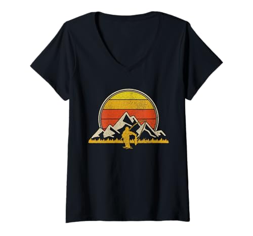 Damen Fliegenfischen Vintage Angeln Angler Fliegenfischer T-Shirt mit V-Ausschnitt von Fliegenfischen Apparel Co. - Geschenke für Angler