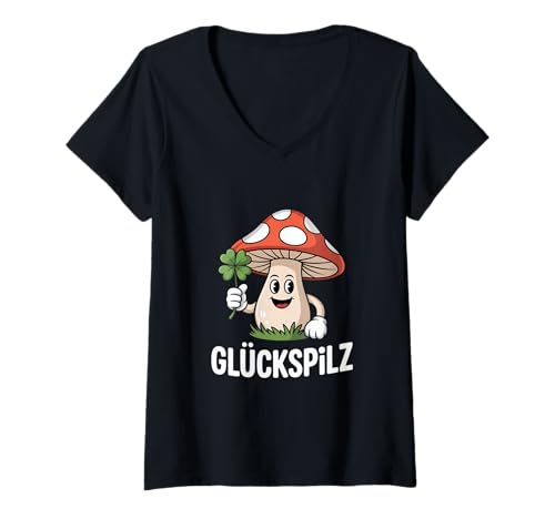 Damen Glückspilz Fliegenpilz Mit Kleeblatt Glück Neujahr T-Shirt mit V-Ausschnitt von Fliegenpilz Vierblättriges Kleeblatt Glück Symbol