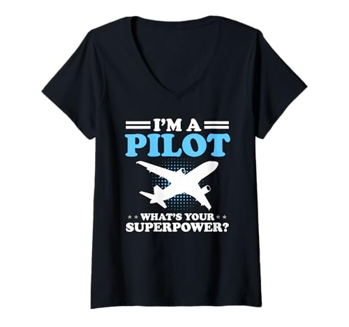 Damen Pilot Mit Superkraft Lustiger Jetflieger Humor T-Shirt mit V-Ausschnitt von Flieger Stolz Comic Stil Himmel Fanartikel