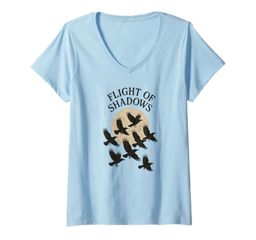 Damen Flug der Schatten Fliegende Krähen T-Shirt mit V-Ausschnitt von Flight of Shadows Crow Flock Art