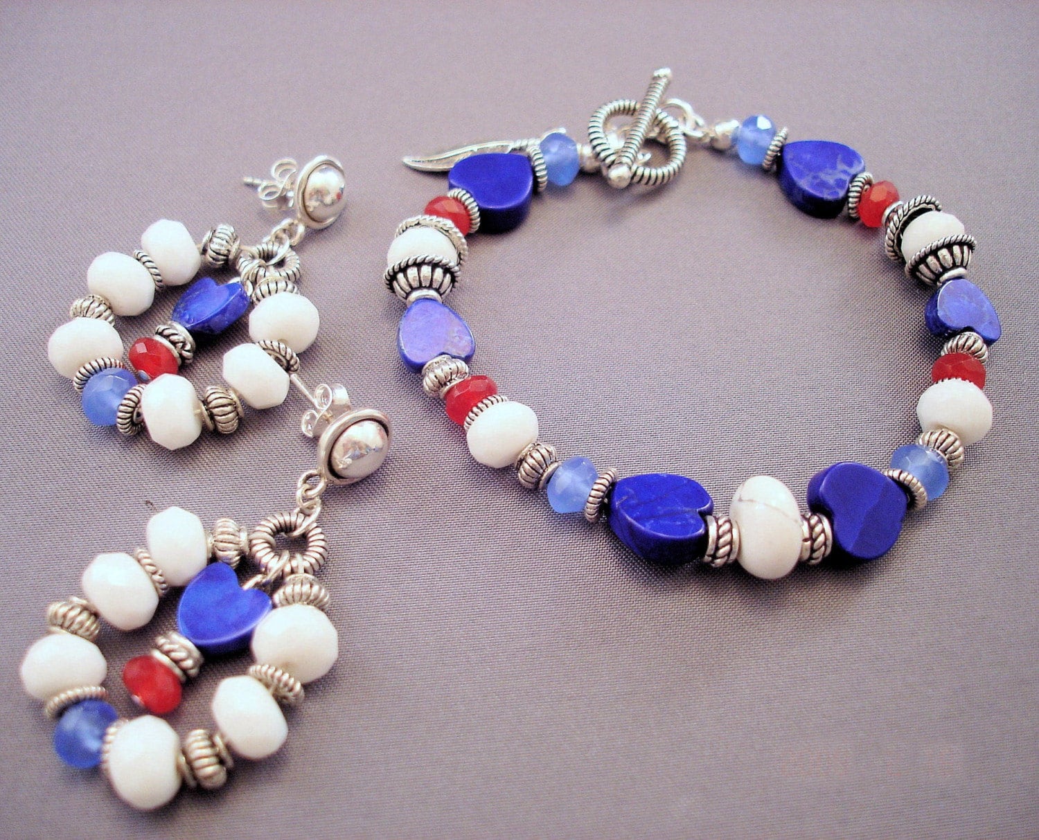 Lapis Herz Armband Und Ohrringe Set Sterling Silber Rot Weiß Blau Schmuck Lapis Herz Armband Und Ohrringe Set Sterling Silber Rot Weiß Blau Schmuck von FlightsofFancyDesign