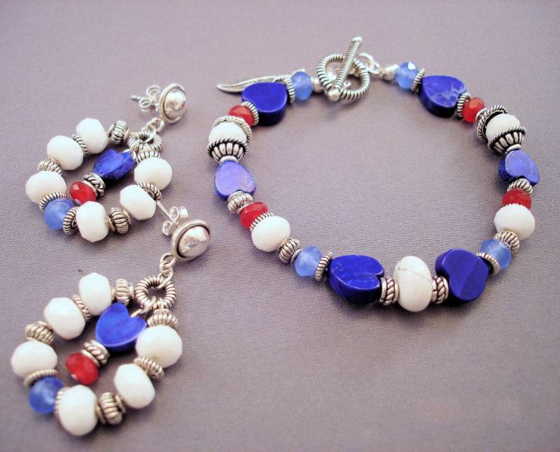Lapis Herz Armband Und Ohrringe Set Sterling Silber Rot Weiß Blau Schmuck Lapis Herz Armband Und Ohrringe Set Sterling Silber Rot Weiß Blau Schmuck von FlightsofFancyDesign