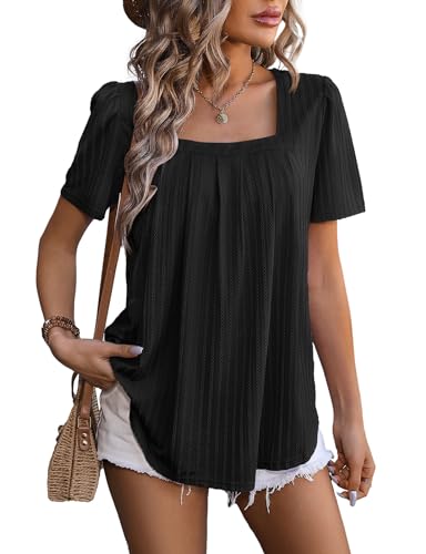 Flikity Damen Tunika Tops, Quadratischer Hals Tops für Frauen Arbeit Blusen Solide Elegante Basic Sommer Oberteile Lässig T Shirts Schwarz S von Flikity