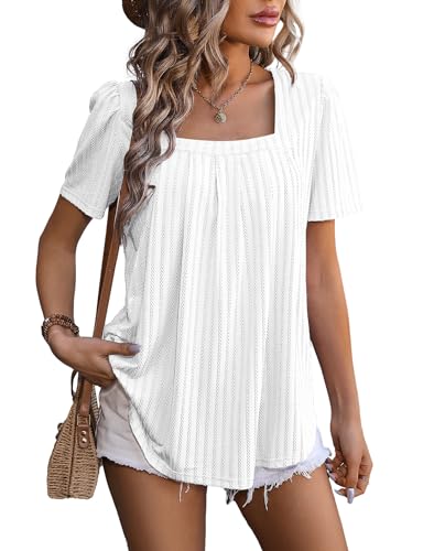 Flikity Oversized Tops für Frauen, Quadratischer Hals Kurzarm Damen Tops Lässige Arbeit Büro Blusen Damen T Shirts Plissiert Front Sommer Oberteile Weiß XXL von Flikity