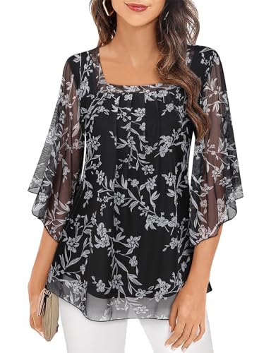 Flikity Tops für Frauen Chiffon Bluse Damen Oberteile 3/4 Ärmel Tops Festliches Party Outfit Lose Shirt Schwarz von Flikity