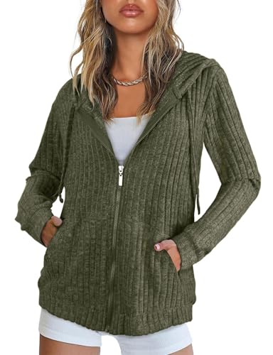 Flikity Zip Hoodie Damen, Langärmelige Tops Damen Strickjacke Offene Front Tuniken Oversize Kleidung Bequeme Warme Mäntel Leichte Freizeitjacken Grün XL von Flikity
