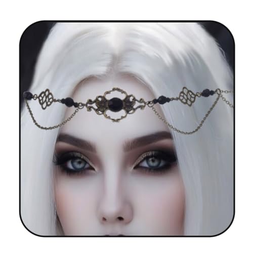 Flimire Vintage Halbmond Kopfkette Halloween Schwarz Strass Stirnkette Haarschmuck für Frauen und Mädchen (Bronze, freie Größe) von Flimire