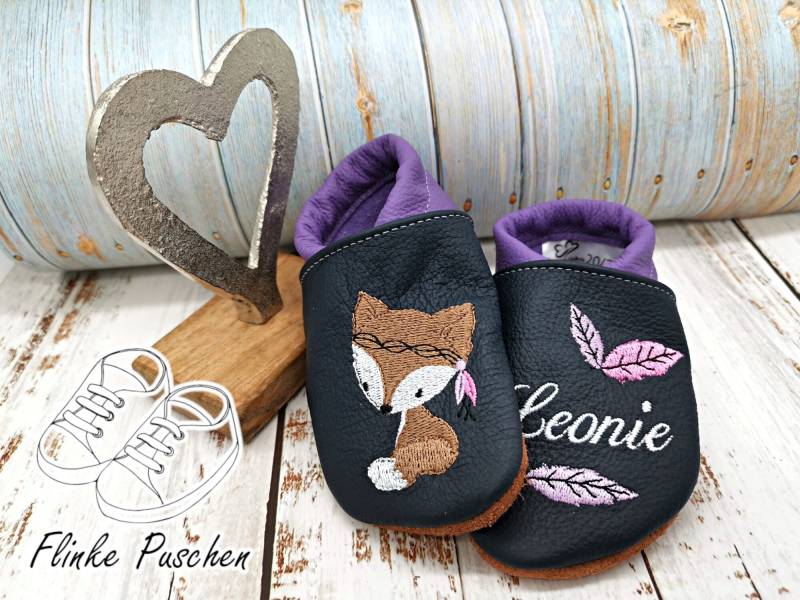 Krabbelschuhe Mit Name - Baby Schuhe Fuchs Lederpuschen Für Kinder Puschen Kleinkinder von FlinkePuschen