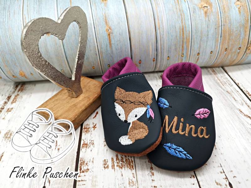 Krabbelschuhe Mit Name - Baby Schuhe Fuchs Lederpuschen Für Kinder Puschen Kleinkinder von FlinkePuschen