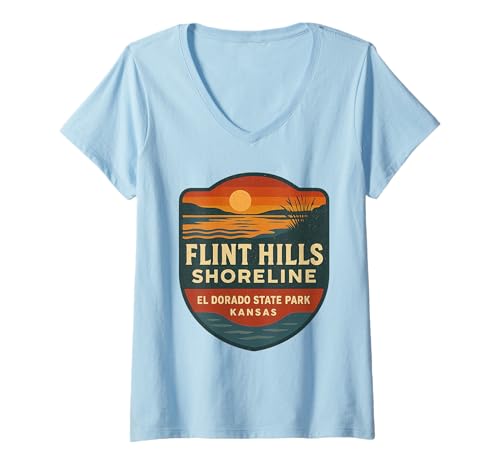 Damen Flint Hills Shirt Dorado Shoreline Kansas Sonnenuntergangsszene T-Shirt mit V-Ausschnitt Damen Flint Hills Shirt Dorado Shoreline Kansas Sonnenuntergangsszene T-Shirt mit V-Ausschnitt von Flint Hills Tee Shirts for Kansas State Park Lover