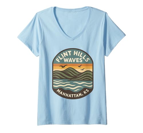Damen Flint Hills Waves Shirt Retro Landschaft Manhattan KS Szene T-Shirt mit V-Ausschnitt Damen Flint Hills Waves Shirt Retro Landschaft Manhattan KS Szene T-Shirt mit V-Ausschnitt von Flint Hills Waves Tee Shirts for Kansas Nature Fan