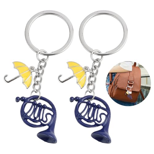 Fllyvly 2er Set Waldhorn-Schlüsselanhänger Inspiriert von How I Met Your Mother, Blaues Horn und Gelber Regenschirm Anhänger, Edelstahl-Schlüsselring, Geschenk für Serienfans-schlüsselanhänger blau von Fllyvly