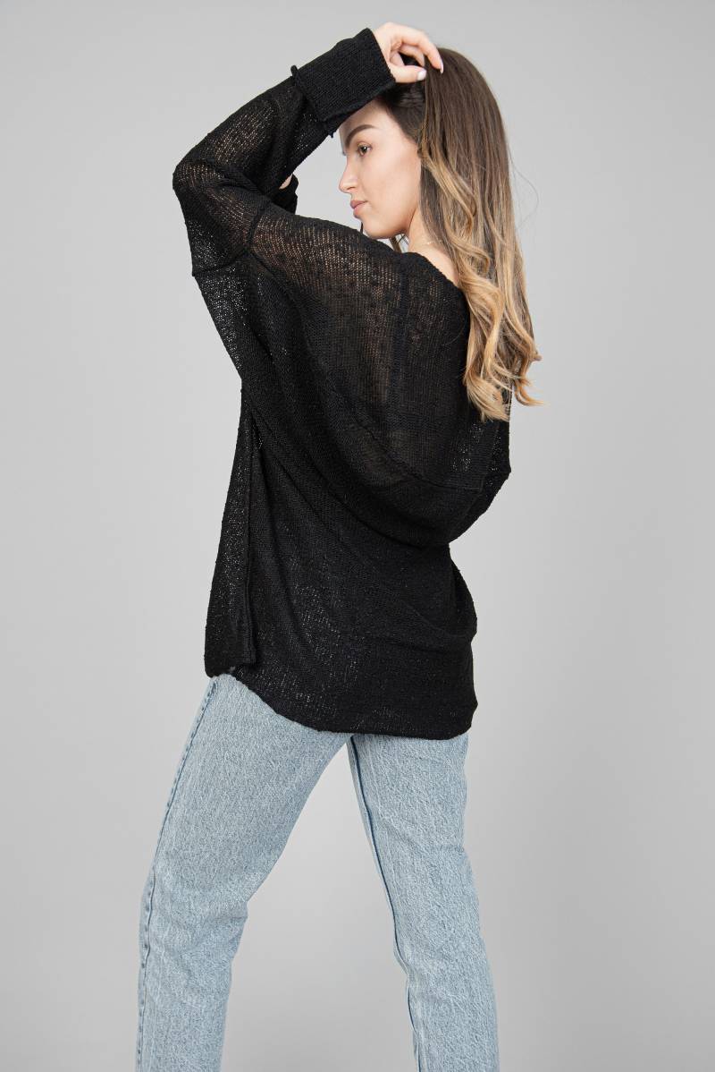 Handgestrickte Lockere Schwarze Bluse/strick Oversized Top/Sommer Pullover/Extra Langarm Top/Extra Tunika/Handgefertigtes Top/Handgefertigte von FloAtelier