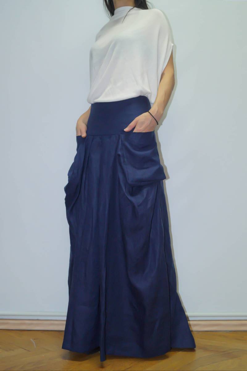 Langer Lockerer Leinenrock/Sommer Maxirock/Blauer Extravaganter Maxirock/Sommerkleid/Casual Rock Mit Tasche/Handmade Casual Rock/F1145 von FloAtelier