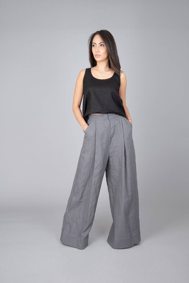 Weite Led Leinenhose/Graue Hose Handgemachte Freizeithose Leinenanzughose A-Linie Lockere F1293 von FloAtelier