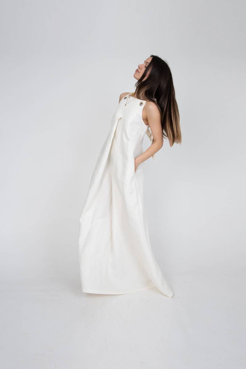 Xxl Xxxl Kleid/Bodenlanges Kleid/Sommerkleid/Leinenkleid/Lockeres Kleid/Langes Kleid/Kaftan/Maxi Tunika/Langes Strandkleid/Leinen Weiß Kleid/F2328 von FloAtelier