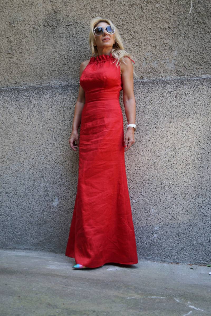 Xxl Xxxl Kleid/Sommerkleid/Rotes Leinen Kleid/Leinen Kaftan/Langes Handmade Kleid/Rotes Maxi Casual Kaftan/Fashion Kleid/Top/F1599 von FloAtelier