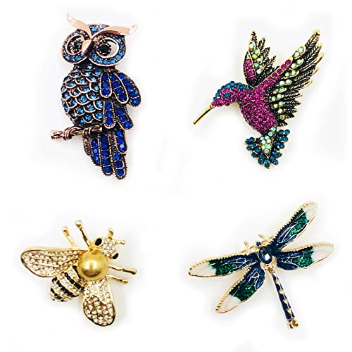 4 Stück Frauen Brosche Set, Tier Gestalten Kristall Brosche, Bunte Kristall Pin Brosche, Eule, Biene, Libelle, Kolibri-Brosche, für Kleidungsdekoration von Floatdream