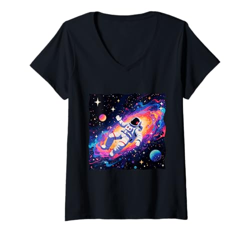 Damen Astronautenblick: Lebendige Weltraumreise, Planeten, Sterne, Mond T-Shirt mit V-Ausschnitt Damen Astronautenblick: Lebendige Weltraumreise, Planeten, Sterne, Mond T-Shirt mit V-Ausschnitt von Floating Astronaut Colorful Galaxy Space