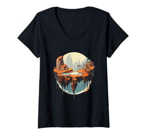 Damen Schwimmende Insel Fantasy Surreale Landschaft T-Shirt mit V-Ausschnitt Damen Schwimmende Insel Fantasy Surreale Landschaft T-Shirt mit V-Ausschnitt von Floating Island Fantasy Nature Surreal Rock Art