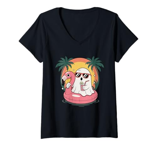 Damen Ghost with Flamingo Float Sommerdrink Gruseliges Halloween T-Shirt mit V-Ausschnitt Damen Ghost with Flamingo Float Sommerdrink Gruseliges Halloween T-Shirt mit V-Ausschnitt von Floating Spirits Apparel