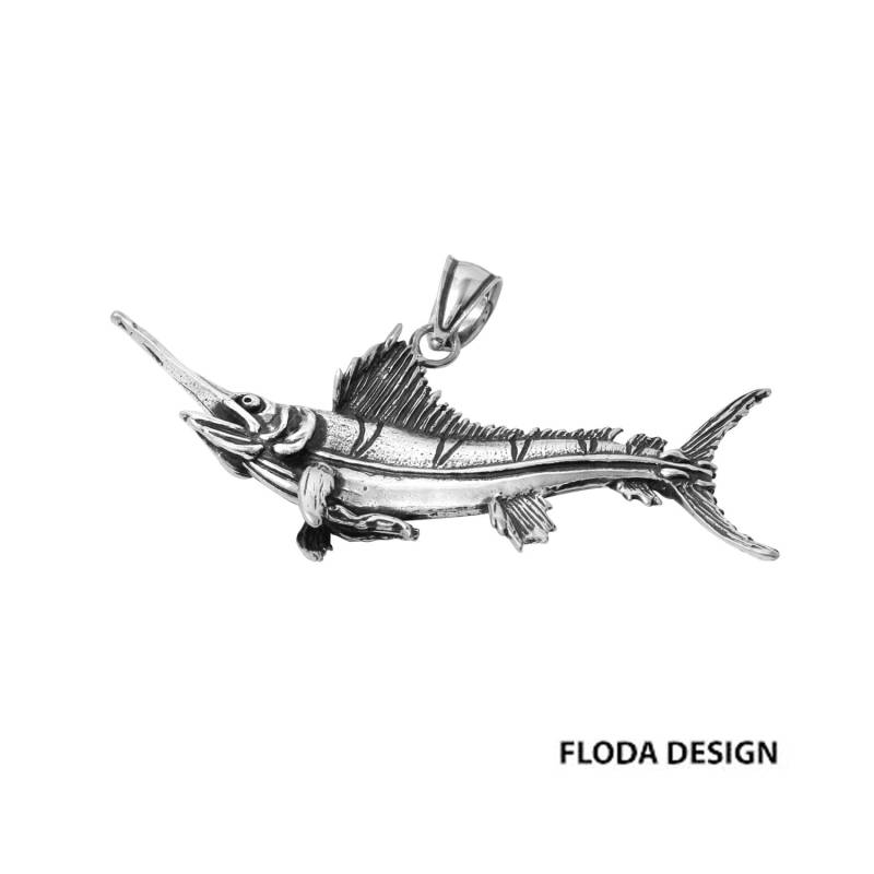Blauer Marlin 3D Fisch Anhänger in Sterling Silber, Fischschmuck, Schmuck Fd-1-2 von FlodaDesign