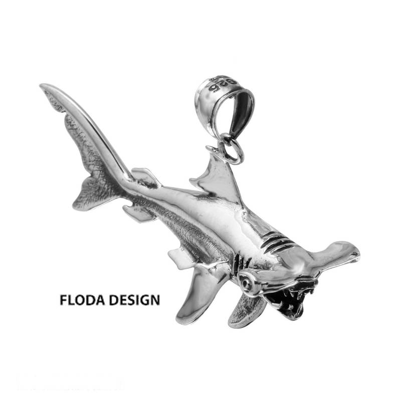 Hammerkopf Hai Anhänger in Sterling Silber, Fisch Schmuck, Gebrühter Fd-5-2 von FlodaDesign